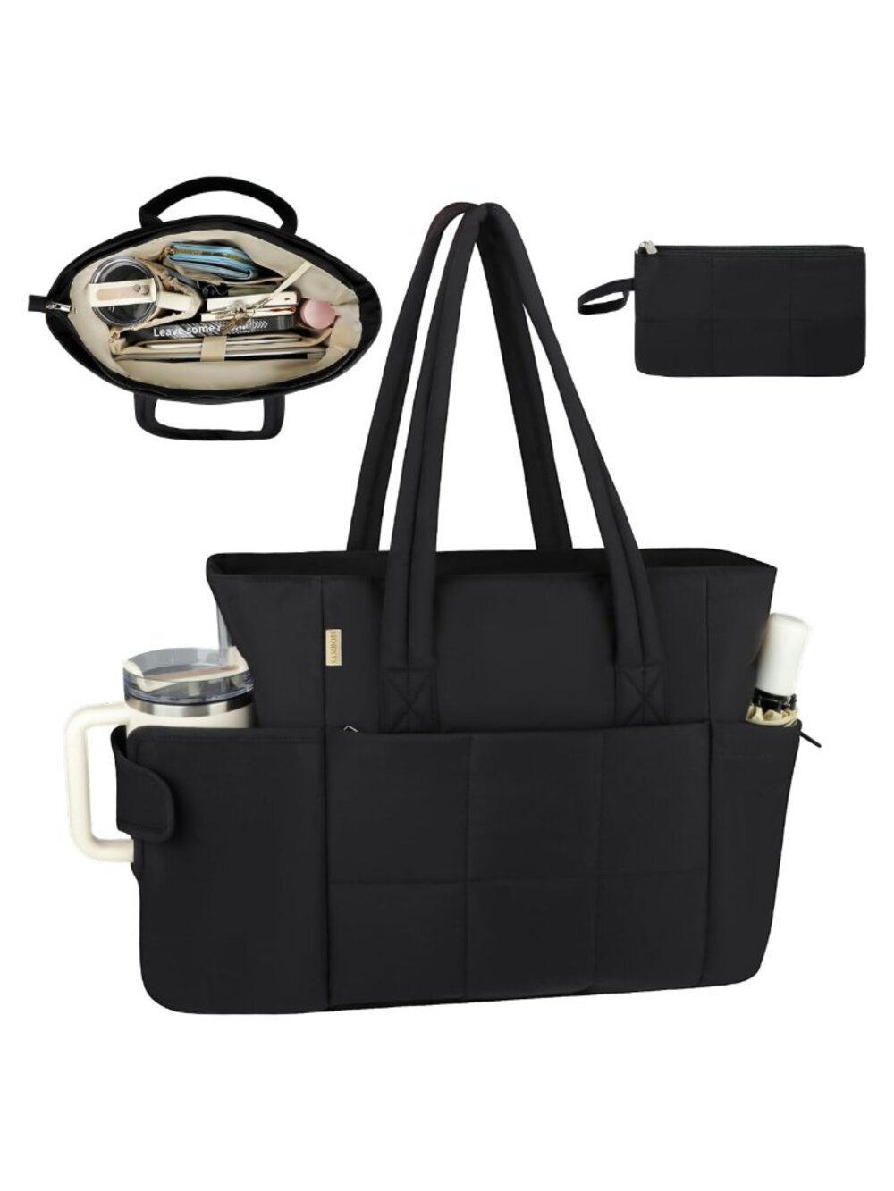 Puffer Tote Bag with Large Cup Holder & 15.6" Laptop Compartment